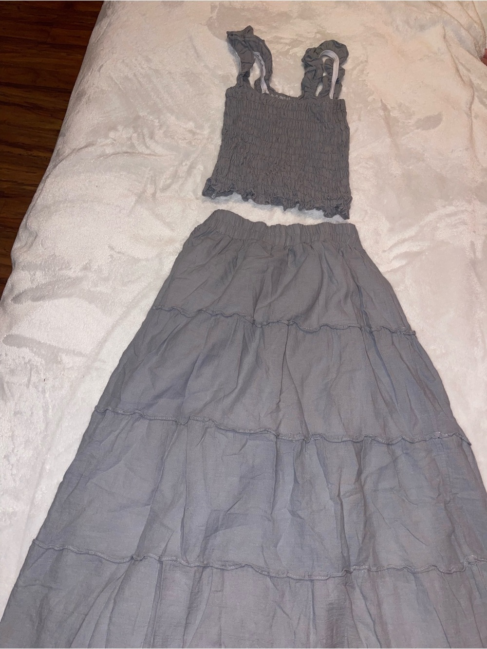 Smocked Tank Top & Tiered Maxi Skirt Set in Dusty Gray